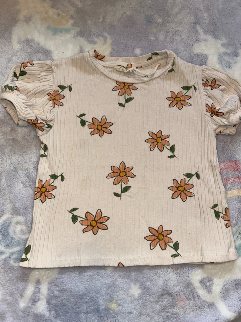 Jessica Simpson Cream Floral Ribbed Puff Sleeve Top
